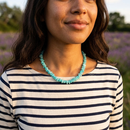 Amazonit Splitterkette | 45cm mit Verschluss — Tragebild