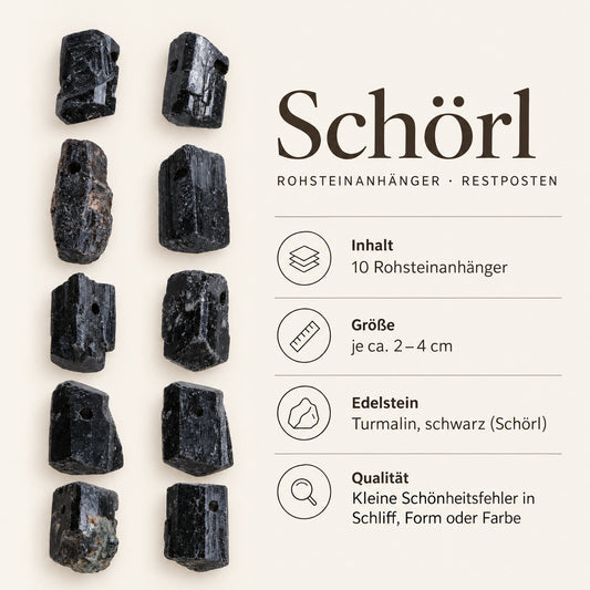 Steckbrief Schörl-Rohsteinanhänger Restposten – 10 Stück, je ca. 2–4 cm