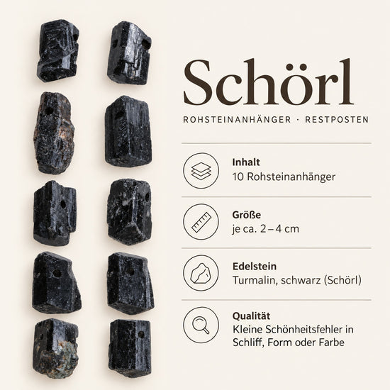 Steckbrief Schörl-Rohsteinanhänger Restposten – 10 Stück, je ca. 2–4 cm