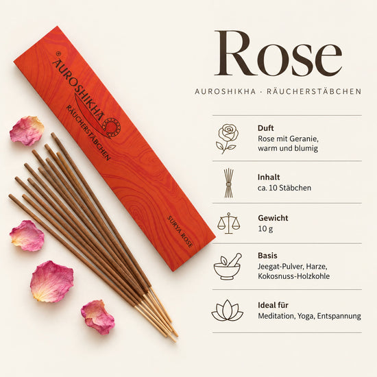 Steckbrief Auroshikha Räucherstäbchen Rose – ca. 10 Stäbchen, 10 g