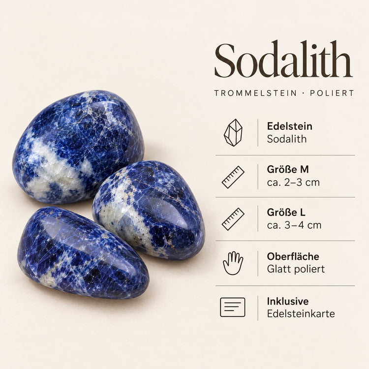 Steckbrief Sodalith Trommelstein – Größe M ca. 2–3 cm, L ca. 3–4 cm