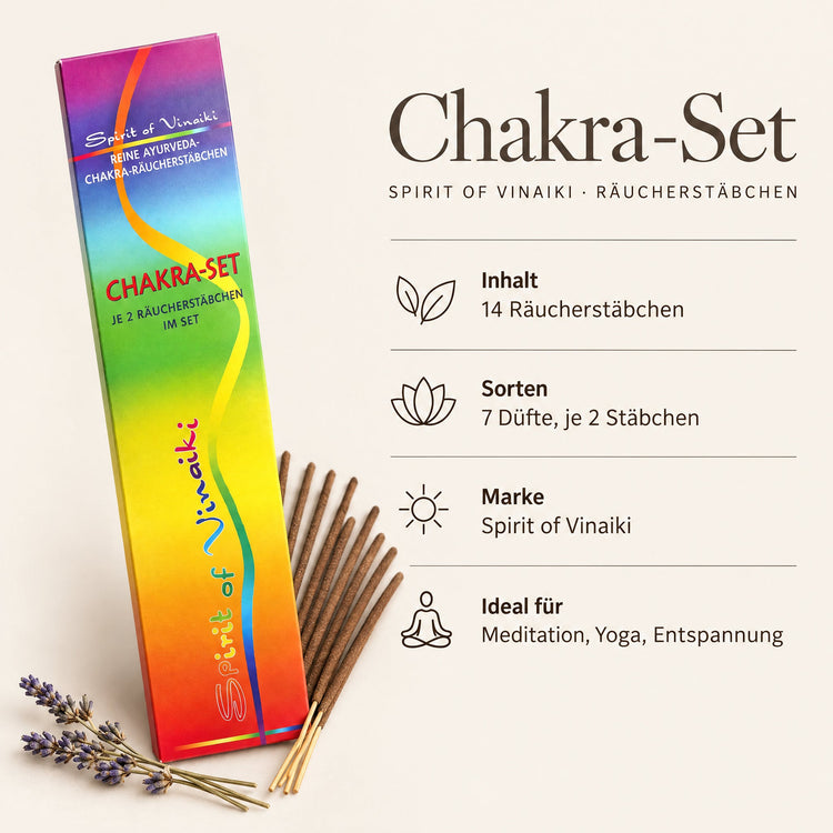 Steckbrief Spirit of Vinaiki Chakra-Set – 14 Räucherstäbchen, 7 Düfte