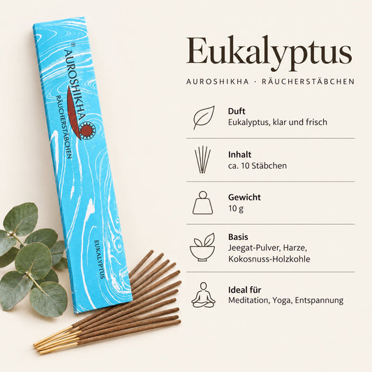 Steckbrief Auroshikha Räucherstäbchen Eukalyptus – ca. 10 Stäbchen, 10 g