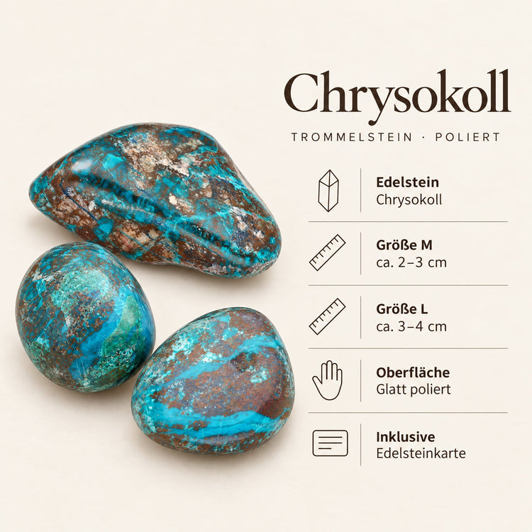 Steckbrief Chrysokoll Trommelstein – Größe M ca. 2–3 cm, L ca. 3–4 cm