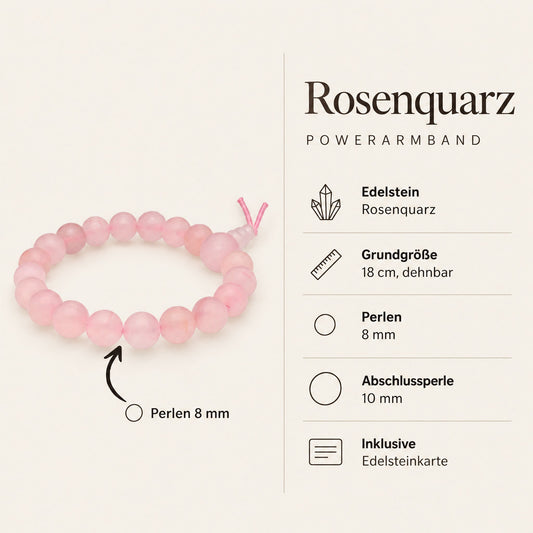 Steckbrief Rosenquarz Powerarmband – 18 cm, Perlen 8 mm