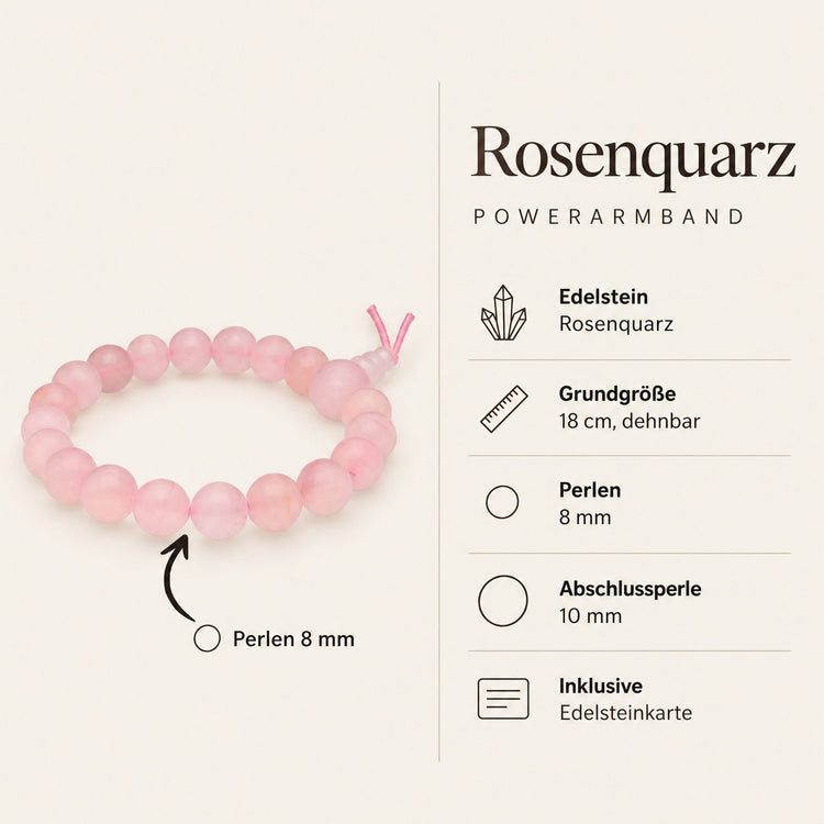 Steckbrief Rosenquarz Powerarmband – 18 cm, Perlen 8 mm