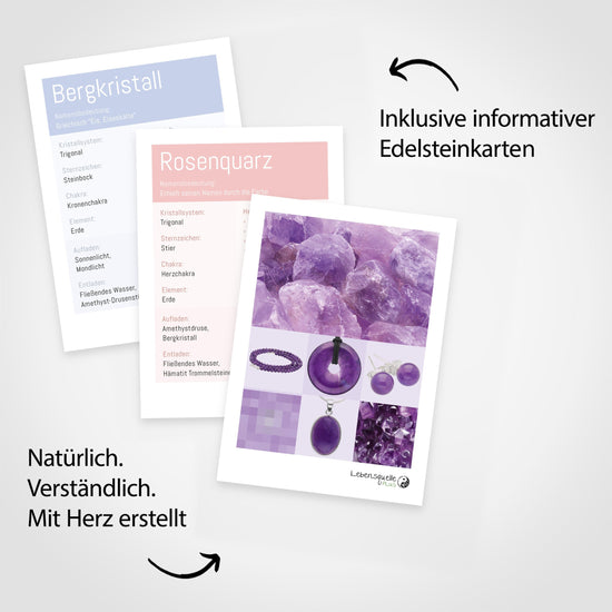 3 Edelsteinkarten Amethyst, Rosenquarz, Bergkristall – im Lieferumfang enthalten