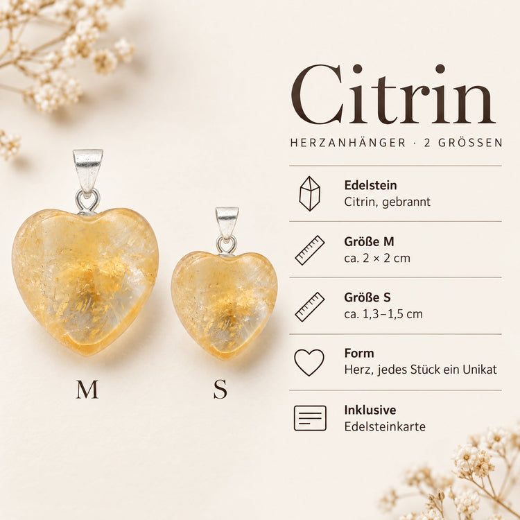 Steckbrief Citrin Herzanhänger – Größe M ca. 2 × 2 cm, S ca. 1,3–1,5 cm
