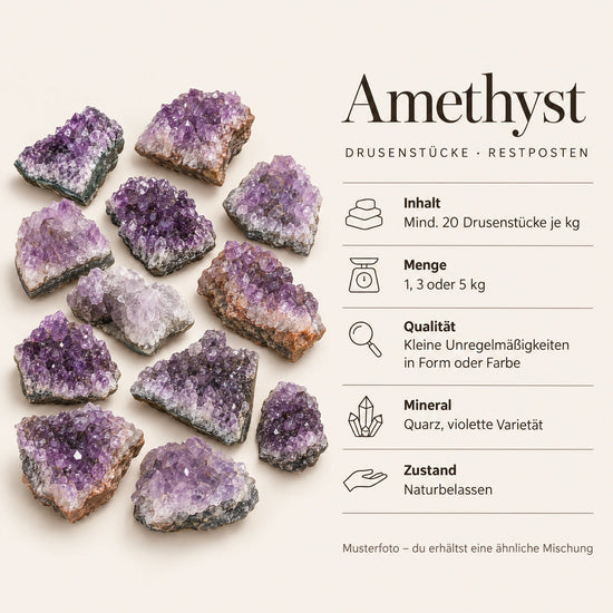 Steckbrief Amethyst-Drusenstücke Restposten – mind. 20 Stück je kg