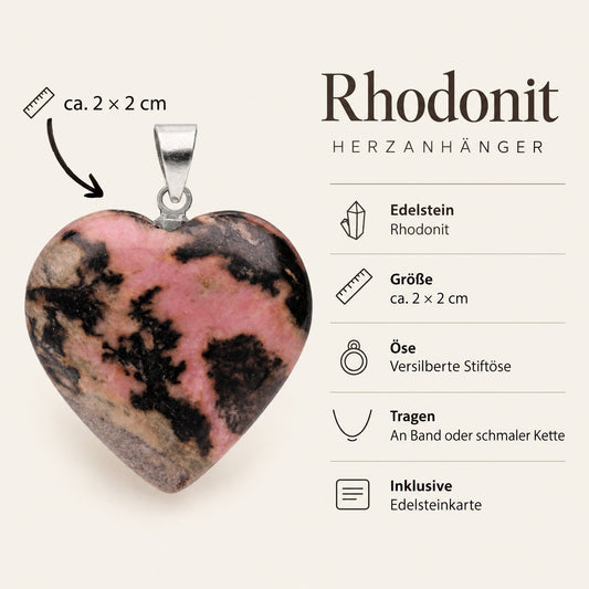 Steckbrief Rhodonit Herzanhänger – ca. 2 × 2 cm