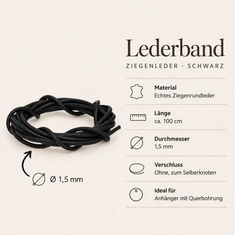 Steckbrief Lederband Ziegenleder schwarz – ca. 100 cm, Ø 1,5 mm