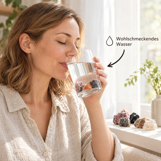 Frau trinkt Wasser mit Wassersteinen der Premium-Mischung im Glas