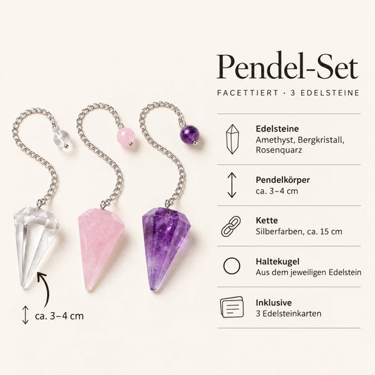 Steckbrief 3er-Set Pendel – Pendelkörper ca. 3–4 cm, Kette ca. 15 cm