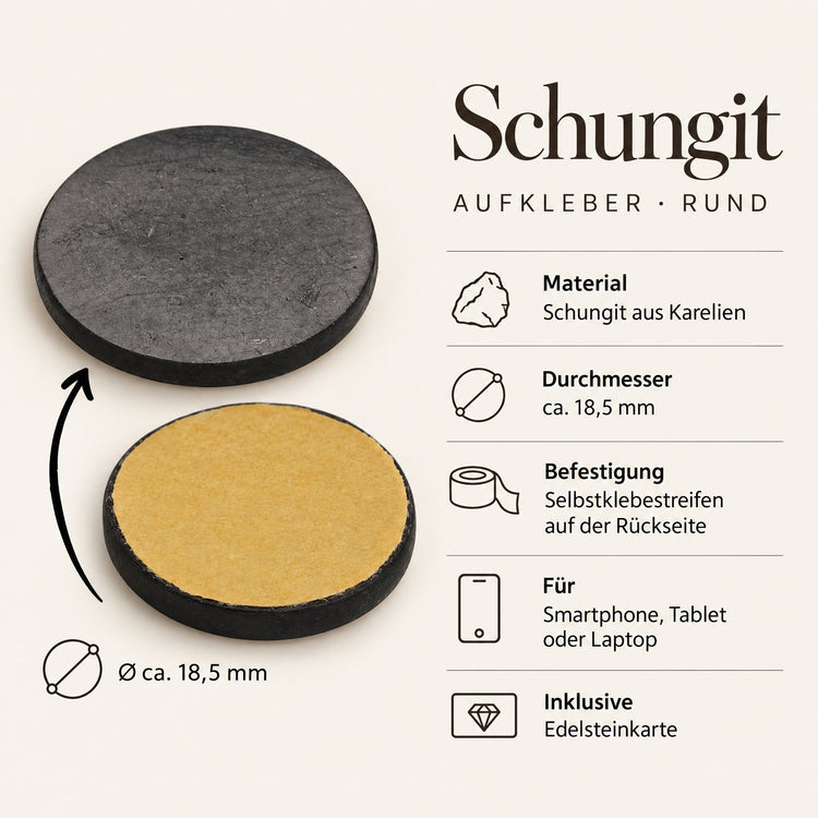 Steckbrief Schungit-Aufkleber – Ø ca. 18,5 mm, mit Selbstklebestreifen