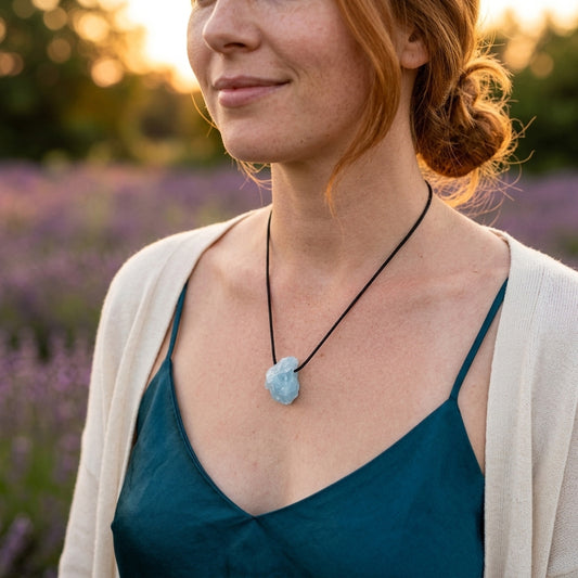 Aquamarin Rohsteinanhänger — Tragebild