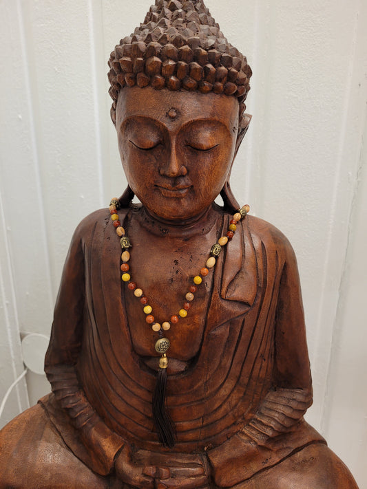108-Bead Mala made of Olive Wood, Mookaite, Carnelian & Red Jasper – Handcrafted Prayer Beads for Grounding, Vitality and Inner Balance