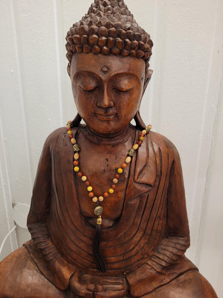 108-Bead Mala made of Olive Wood, Mookaite, Carnelian & Red Jasper – Handcrafted Prayer Beads for Grounding, Vitality and Inner Balance
