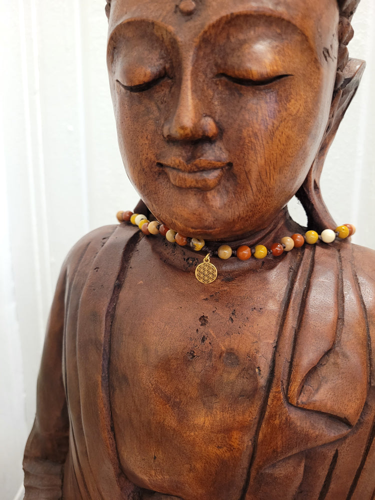 108-Bead Mala made of Olive Wood, Mookaite, Carnelian & Red Jasper – Handcrafted Prayer Beads for Grounding, Vitality and Inner Balance