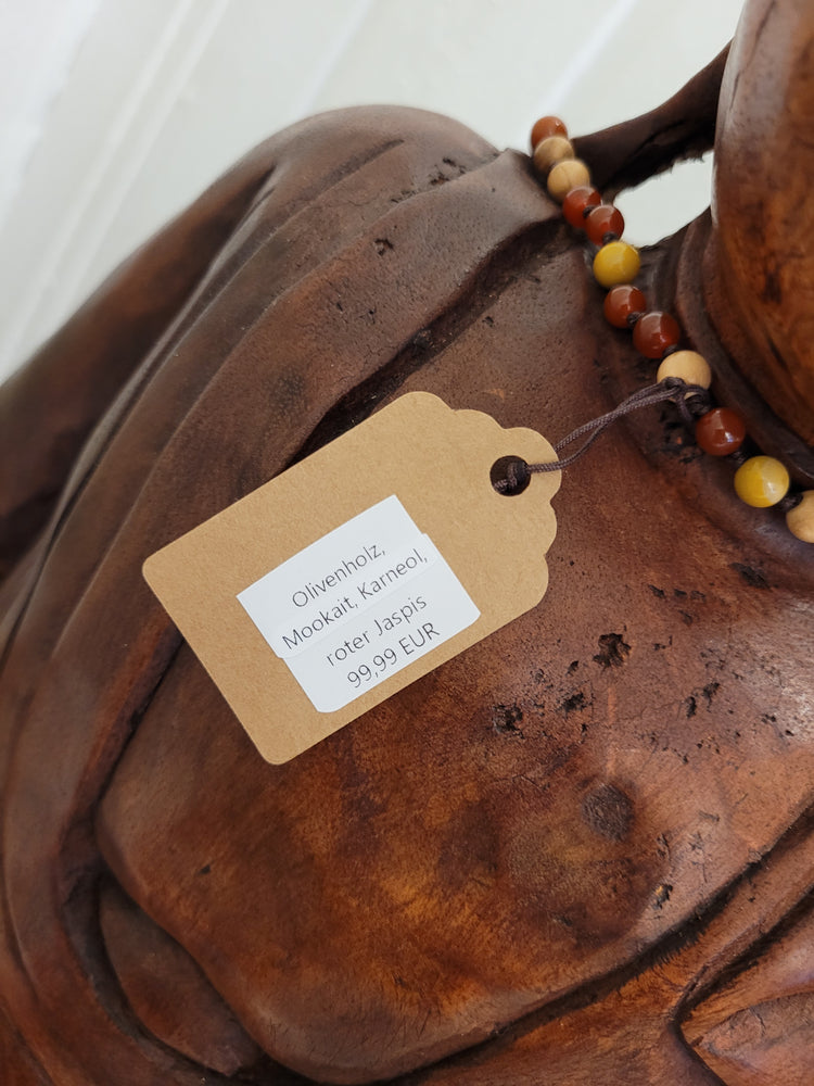 108-Bead Mala made of Olive Wood, Mookaite, Carnelian & Red Jasper – Handcrafted Prayer Beads for Grounding, Vitality and Inner Balance
