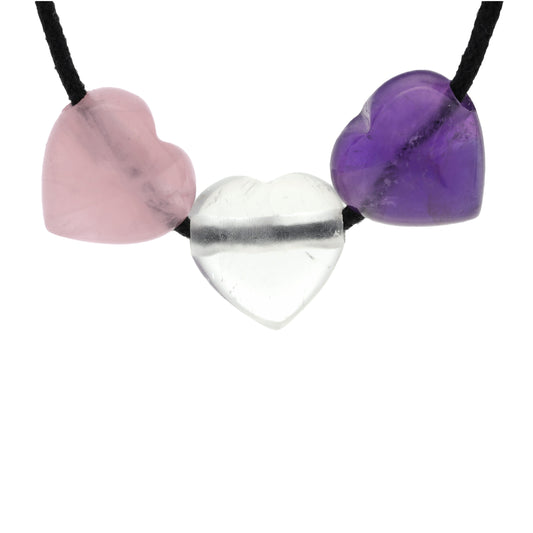 Herzanhänger "Goldenes Dreieck" Amethyst + Bergkristall + Rosenquarz
