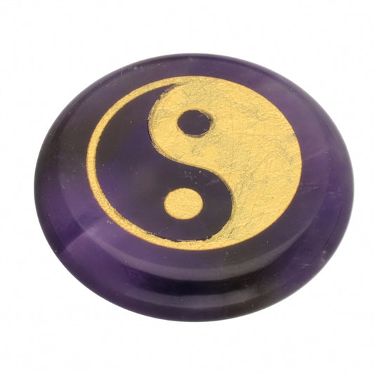 Amethyst Scheibenstein mit goldener Yin & Yang Gravur