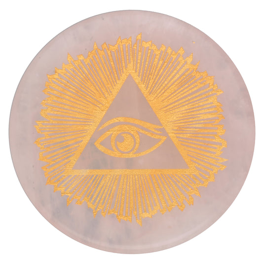 Rosenquarz Scheibenstein mit goldener Gravur - Allsehendes Auge