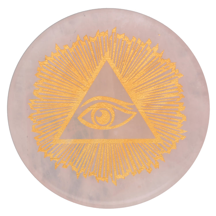 Rosenquarz Scheibenstein mit goldener Gravur - Allsehendes Auge