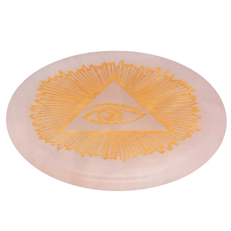 Rosenquarz Scheibenstein mit goldener Gravur - Allsehendes Auge