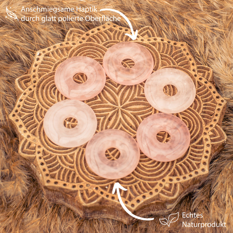 Ciondolo donut in Quarzo rosa | Ciondolo da 30 mm + cordino in cotone