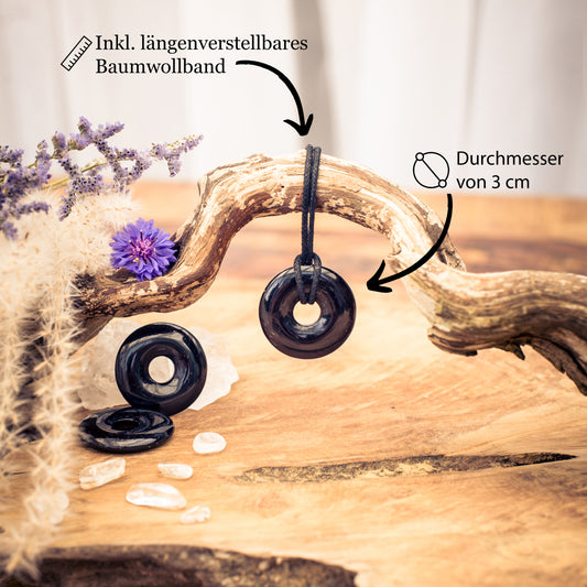 Turmalin, schwarz (Schörl) Donut | 30 mm Anhänger + Baumwollband