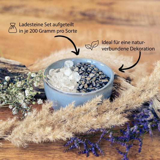 Ladesteine Bergkristall  & Entladesteine Hämatit | Mini Trommelsteine Chips