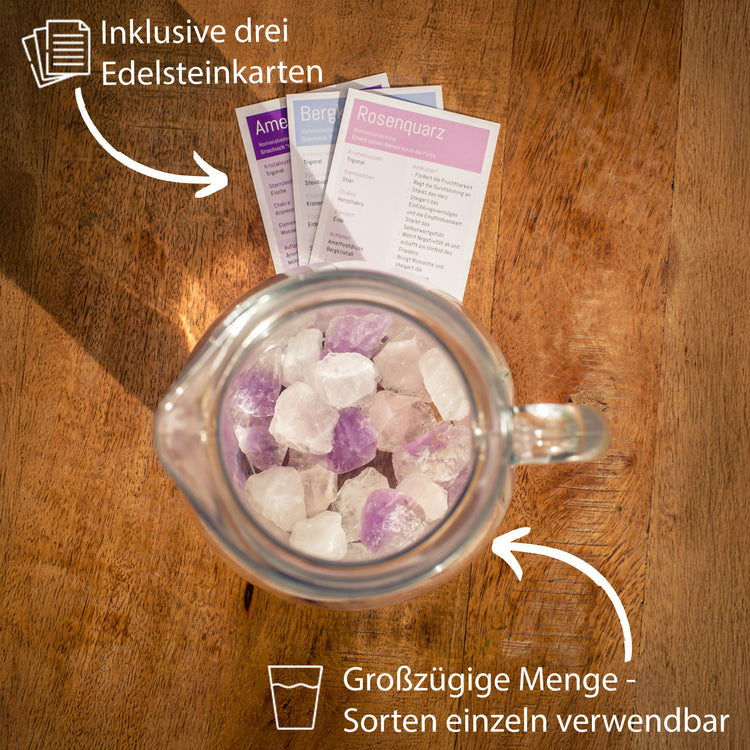 Wassersteine Premium Grundmischung | Bergkristall + Rosenquarz + Amethyst