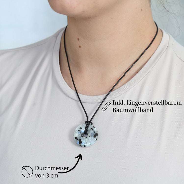Rainbow Moonstone Donut Pendant | 30 mm Pendant + Cotton Cord