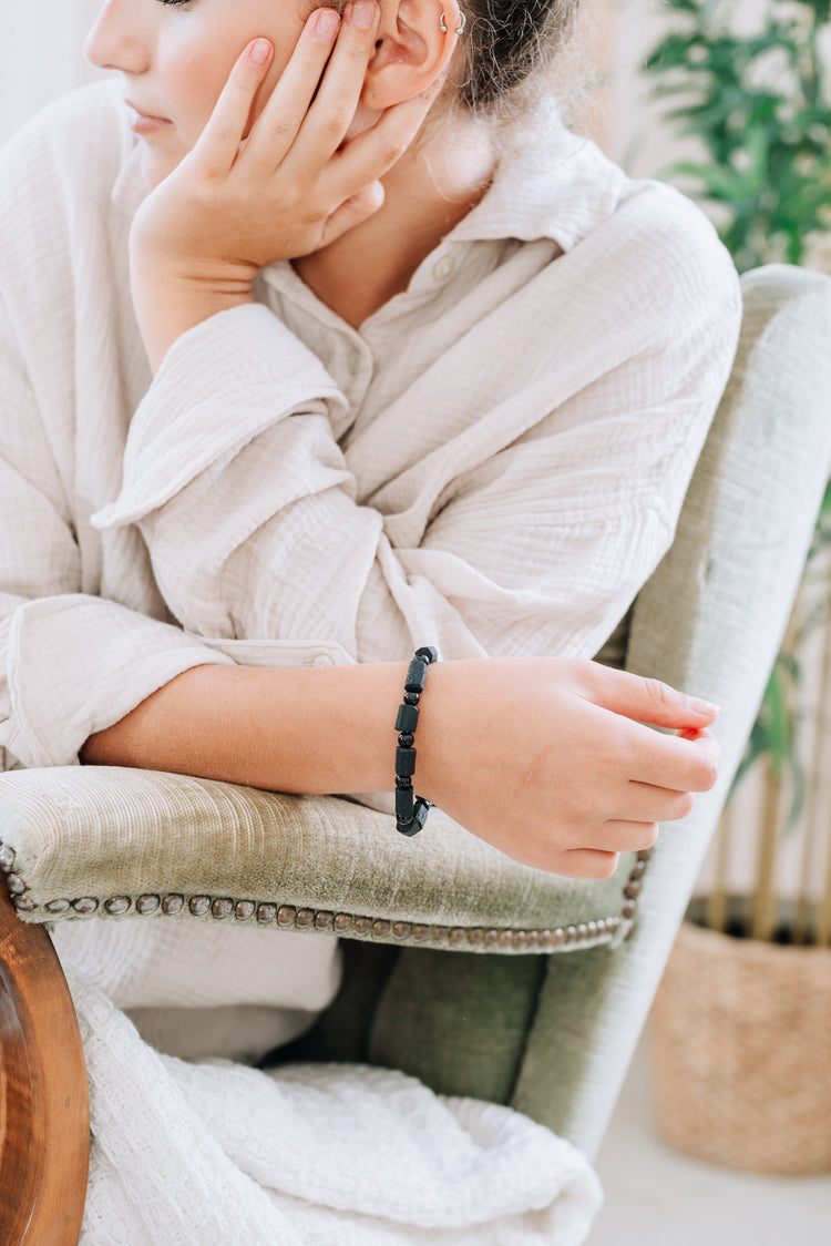 Kristallarmband mit Kugelelement 19 cm | Turmalin, schwarz (Schörl) | 6 mm Perlen