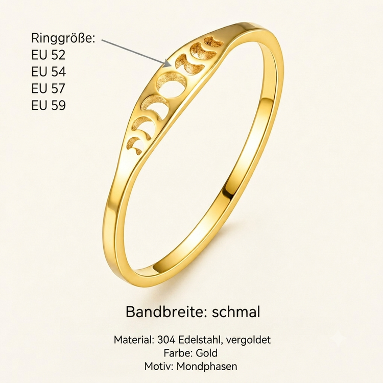 Bague en acier inoxydable doré aux phases de la lune – Fine et élégante
