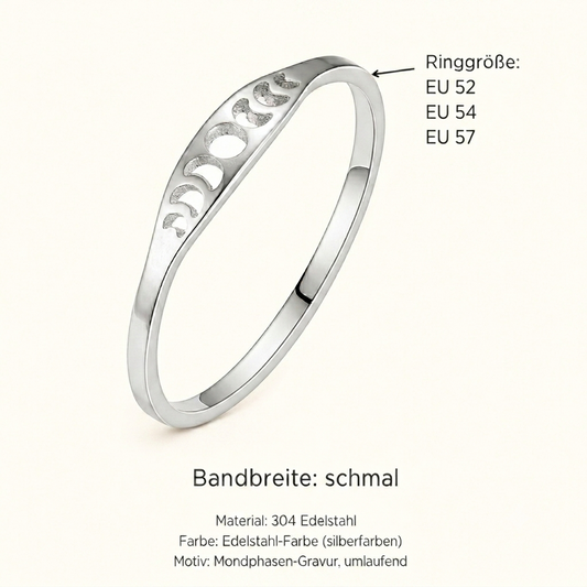 Bague en acier inoxydable phases de lune – anneau fin, couleur argent