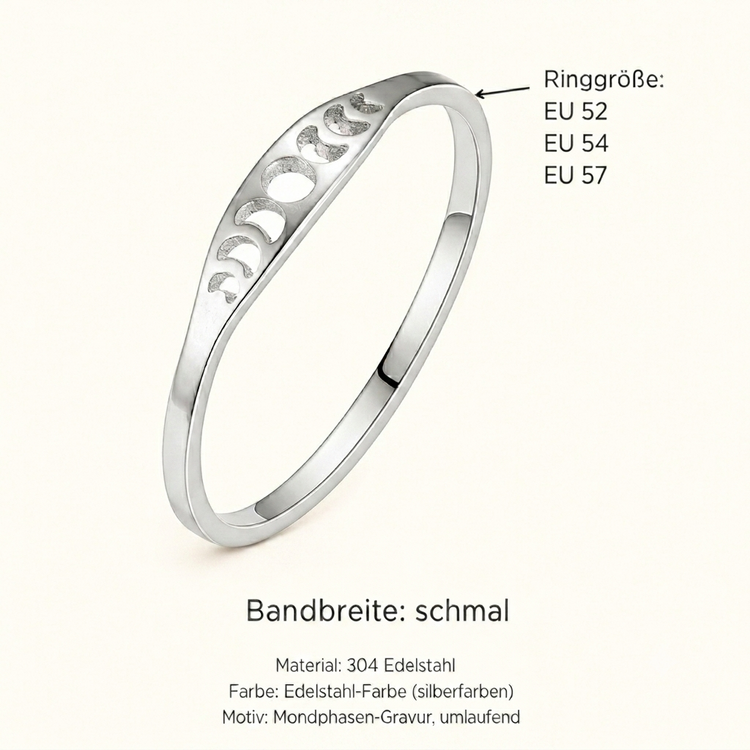 Bague en acier inoxydable phases de lune – anneau fin, couleur argent