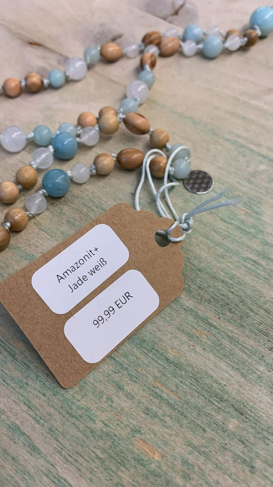 108-Perlen Mala aus Amazonit, weißer Jade und Holz – Handgeknüpfte Gebetskette mit Blume-des-Lebens-Anhänger