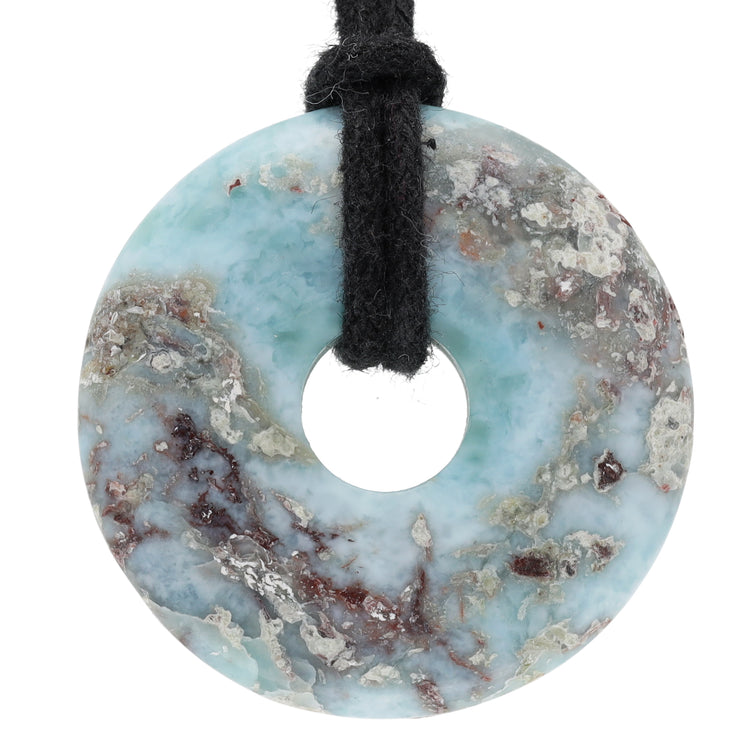 Larimar Donut B-Qualität mit Einschlüssen | 30 mm Anhänger + Baumwollband