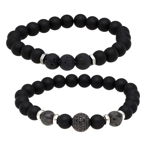 Armband-Set Herren Achat & Lava mit Pavé-Kugel – 2 Armbänder, 8 mm Natursteine, elastisch