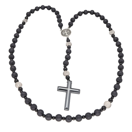 Rosenkranz Lavastein 8 mm – Kreuz & Benedikt-Medaille, 68 cm