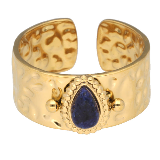 Lapislazuli Ring – breit gehämmert mit Tropfen, Edelstahl vergoldet
