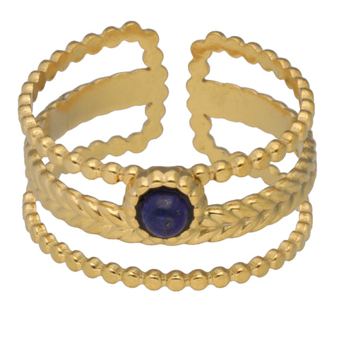 Lapislazuli Ring – dreireihig mit Zopfmuster, Edelstahl vergoldet