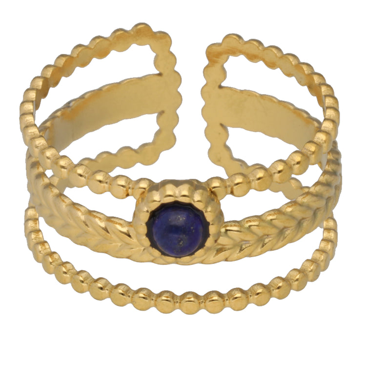 Lapislazuli Ring – Doppelring mit Zopfmuster, Edelstahl vergoldet