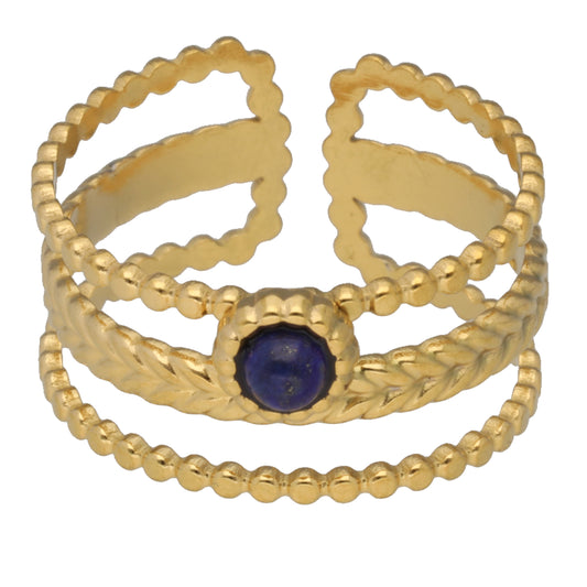 Lapislazuli Ring – Doppelring mit Zopfmuster, Edelstahl vergoldet