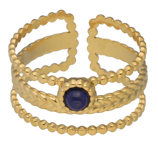 Lapislazuli Ring – Doppelring mit Zopfmuster, Edelstahl vergoldet