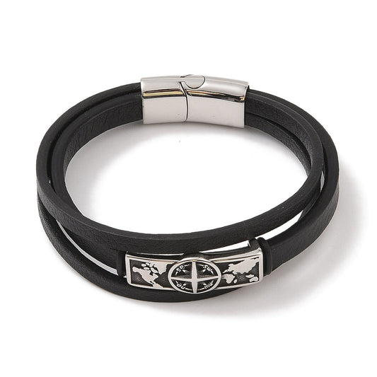 Herren-Armband Kompass — Kunstleder, Edelstahl-Plakette, 22 cm