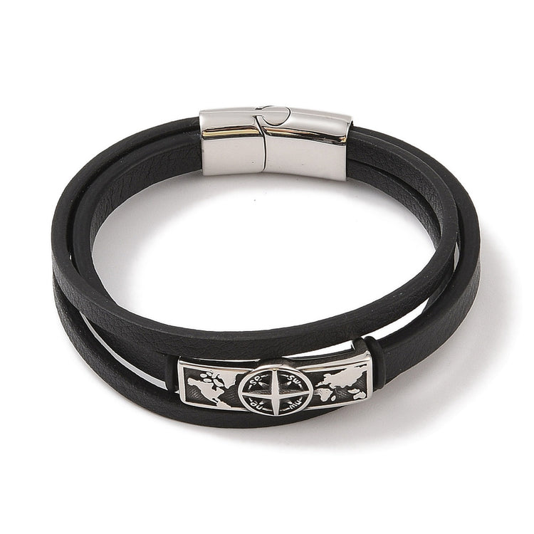 Herren-Armband Kompass — Kunstleder, Edelstahl-Plakette, 22 cm