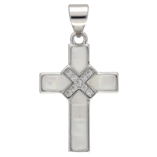 Kreuz-Anhänger mit Muschel und Zirkonia, platinfarben