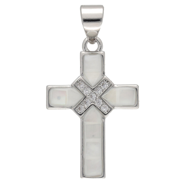 Kreuz-Anhänger mit Muschel und Zirkonia, platinfarben